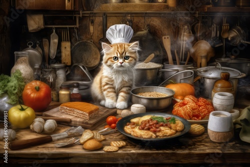 Kitten cooking in kitchen food. Cute cat with chef hat on tabletop. Generate ai