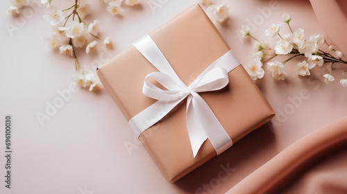 Gift box with a bow on a background of spring flowers. blured spring background. Postcard Valentine's Day, International Women's Day, Mother's Day © KEA
