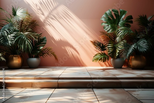 Tropical palms in pots against a backdrop of warm creamy shades with leaf shadows.