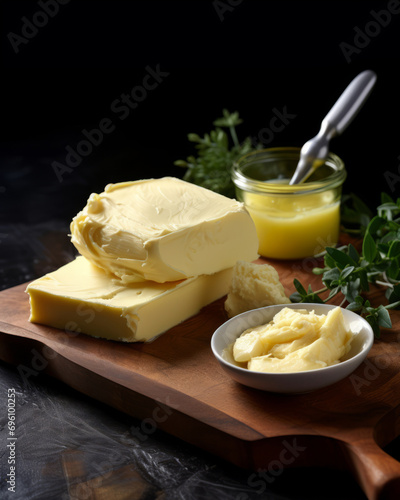 Piece of Butter on the wooden cutting board