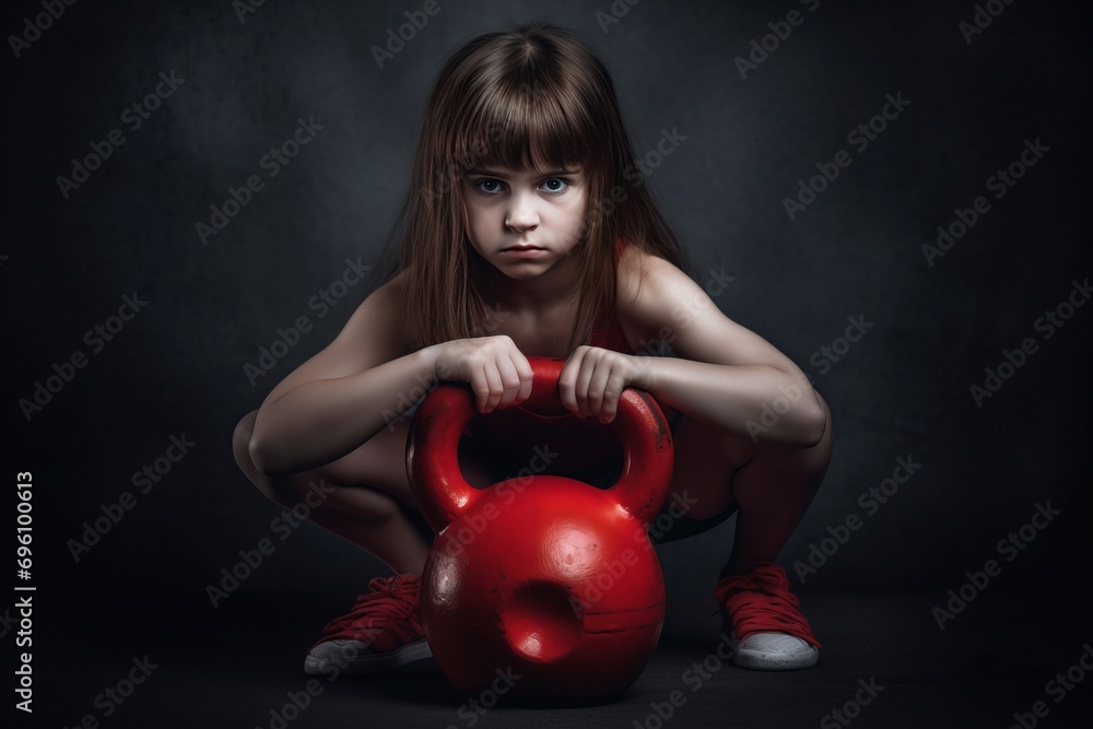 Little girl with gym weight dumbbell. Kid with fitness training equipment on dark background. Generate ai Little girl with gym weight dumbbell. Kid with fitness training equipment on dark background. Generate ai