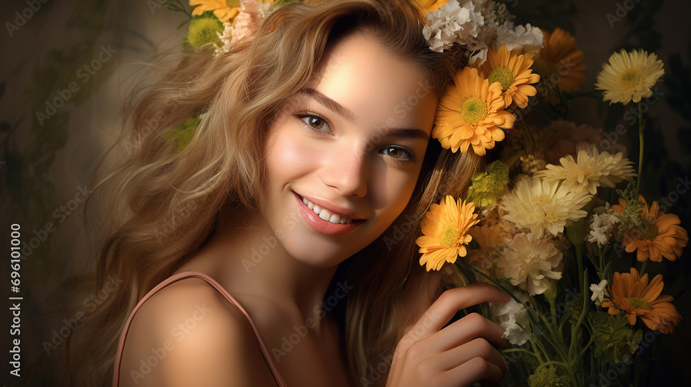 Naklejka premium Portrait of attractive cheerful girl holding flowers