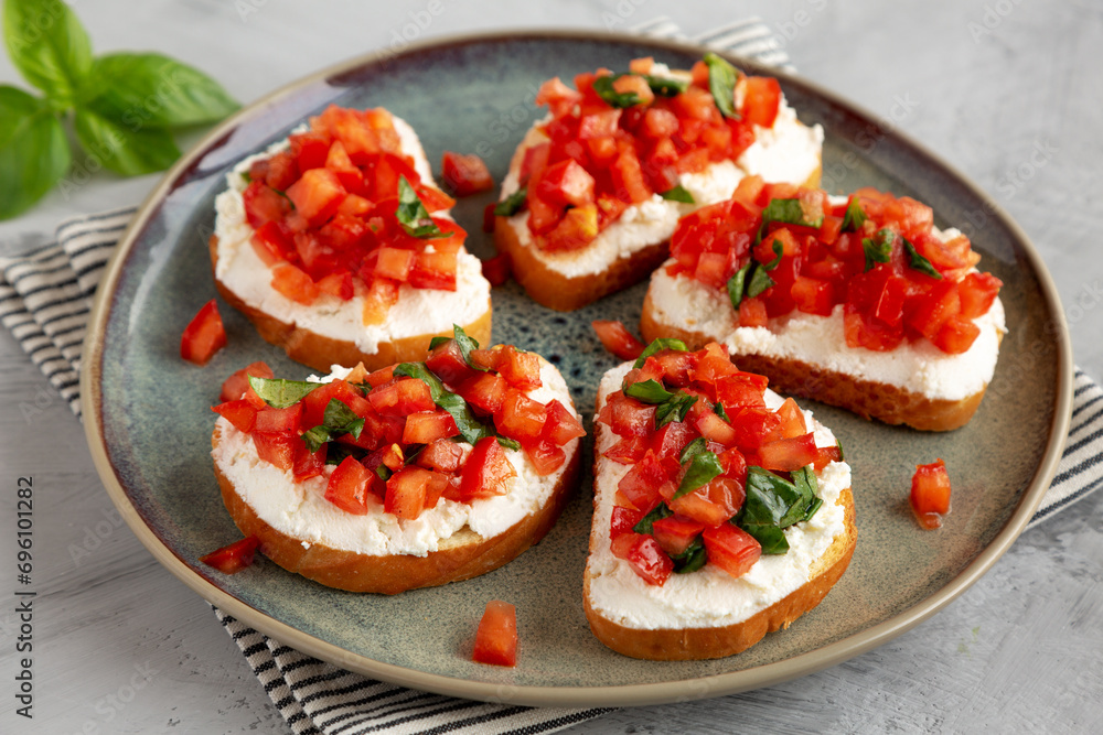 Homemade Tomato Ricotta Tartine on a Plate, side view. Homemade Tomato Ricotta Tartine on a Plate, side view.