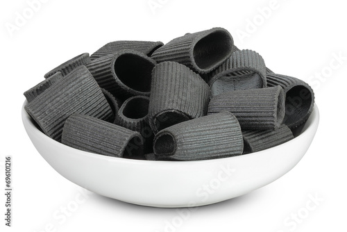 Black pasta with cuttlefish ink in ceranic bowl isolated on white background photo