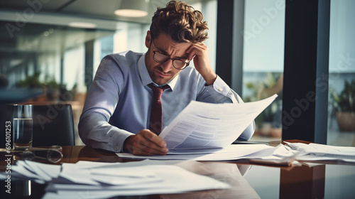 Stressed out young handsome businessman sitting in modern office interior, holding his hands on the head, table full of paperwork documents. Male employee panicking, worried on his job