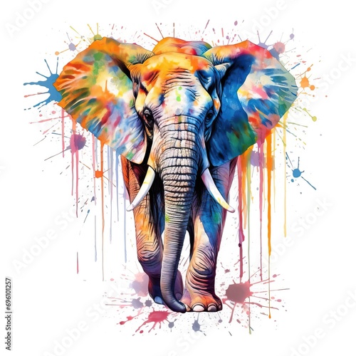 A watercolor art print with a elephant full body in action painting, in the style of drippy paint splatters, rainbowcore, natural bright colorful color palette , precise and sharp, texture-rich canvas