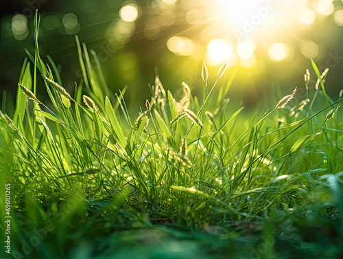Beautiful natural background of green grass and sun