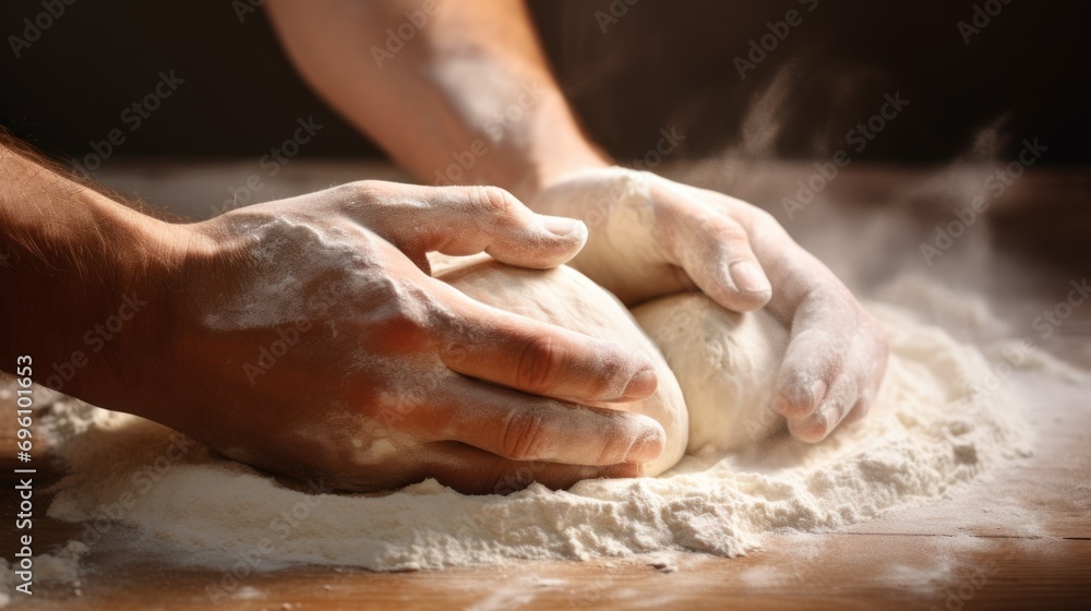 Flour-covered hands engaged in the art of kneading dough, capturing the essence of homemade bakery delights.