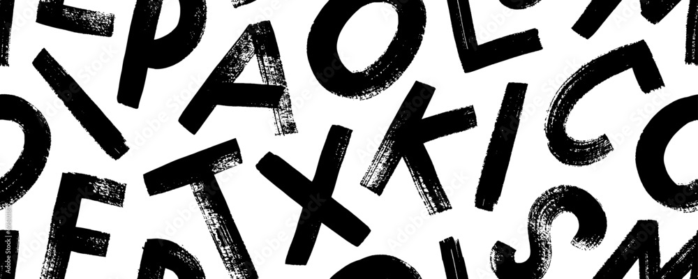 Seamless banner design with bold brush drawn capital letters. Scattered random alphabet letters background. Seamless banner design with bold brush drawn capital letters. Scattered random alphabet letters background.