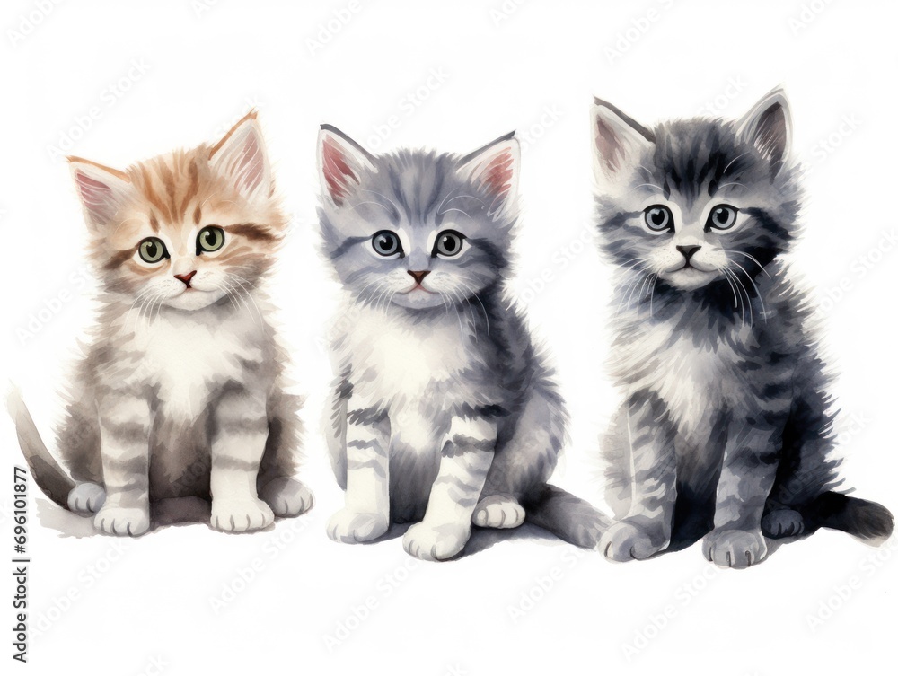 Artistic trio: adorable watercolor cats, each with their own charm, create a mesmerizing composition on a white canvas.