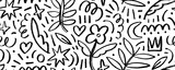 Seamless banner design with charcoal flowers, crowns, stars and speckles. Hand drawn childish doodle seamless pattern.