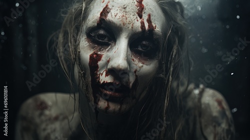 Face the nightmare: a bone-chilling close-up of a zombie, embodying horror with a creepy, eerie atmosphere. photo