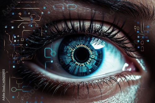 Artificial intelligence with human eye covered with electronci circuits photo