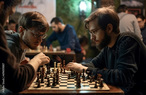 Men playing chess during tournament. Logical brain board game competition. Generate ai