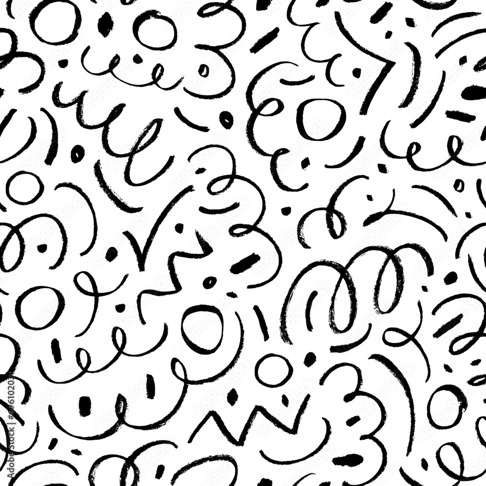Charcoal pencil scribbles and squiggles seamless pattern. Doodle curved lines and dots like confetti.