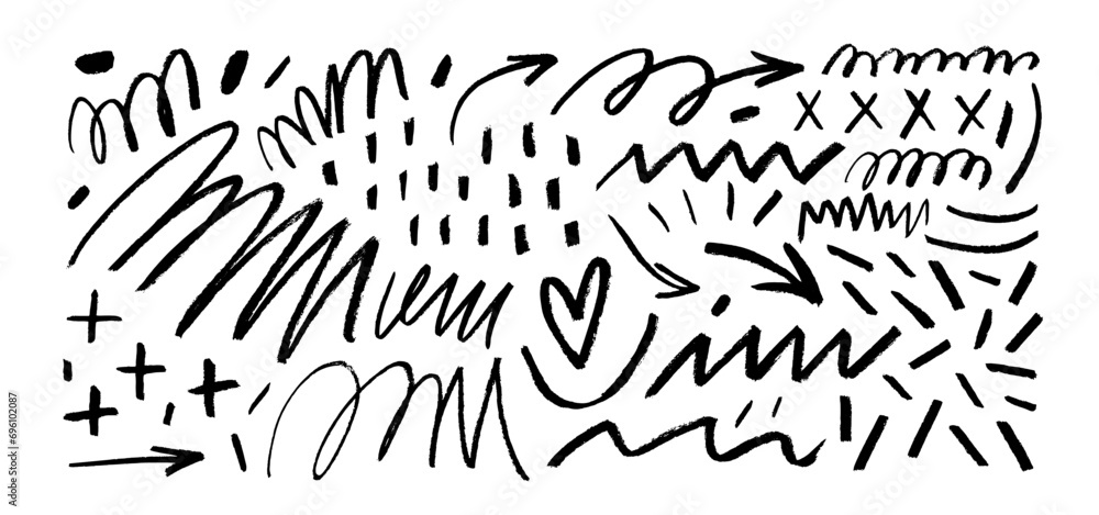 Set of fun monochrome charcoal doodle lines, arrows and strokes. - obrazy, fototapety, plakaty 