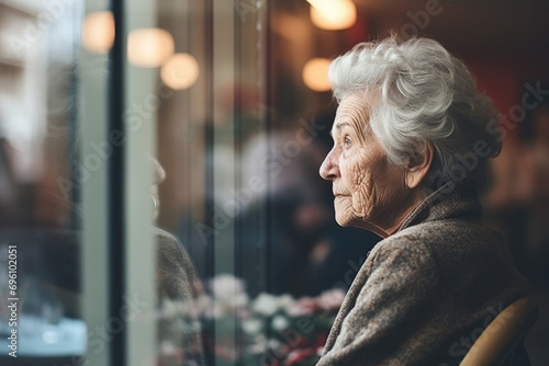The elderly woman is looking through the window, waiting for someone to come by. She looks depressed photo