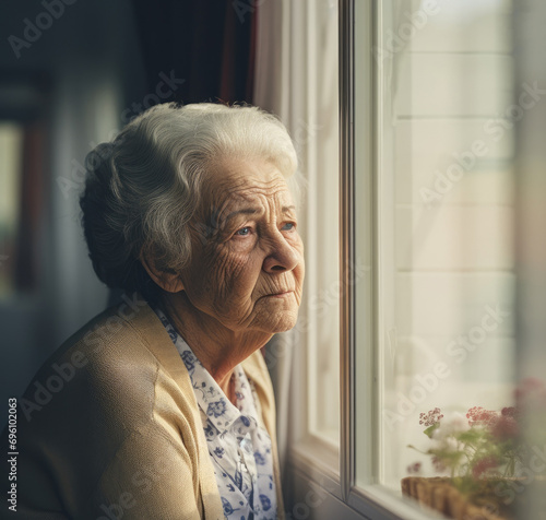 The elderly woman sits on a chair, looks through the window, and appears to be both depressed and lonely