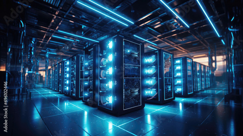 Bitcoin and crypto mining farm. Big data center. High tech server computers at work