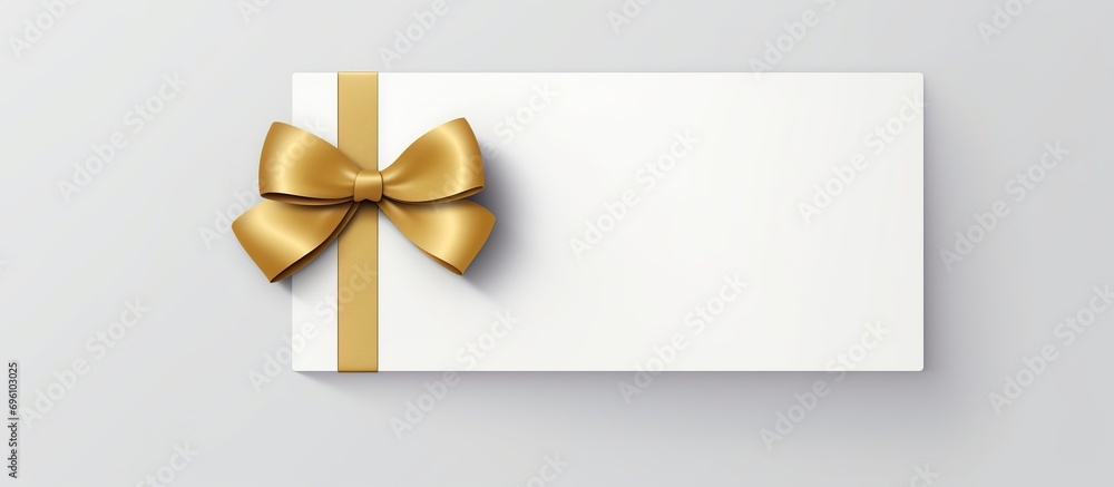 Blank white gift voucher with gold ribbon isolated on white - obrazy, fototapety, plakaty 