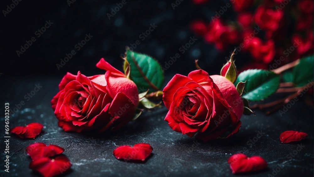 Website Banner, Red Rose and Heart Valentine's Day Theme on Dark Background, Top View, Copy Space for Text Website Banner, Red Rose and Heart Valentine's Day Theme on Dark Background, Top View, Copy Space for Text
