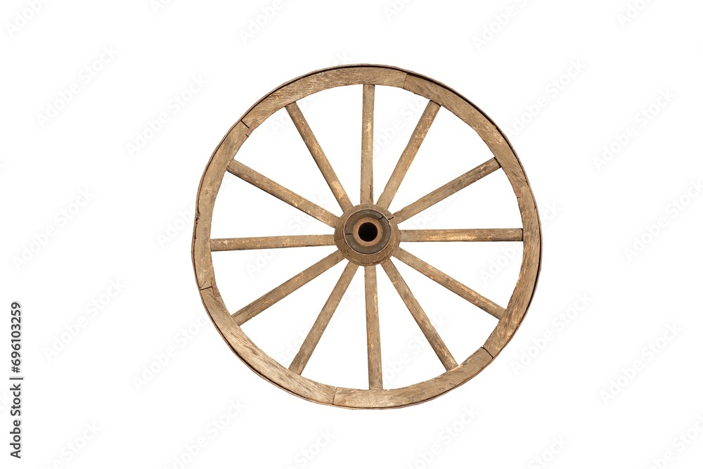 Old handmade wooden forged cart wheel on a white background.