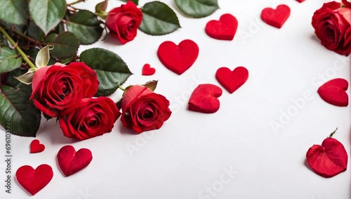 Website Banner, Red Rose and Heart Valentine's Day Theme on White Background, Top View, Copy Space for Text