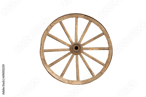 Old handmade wooden forged cart wheel on a white background.