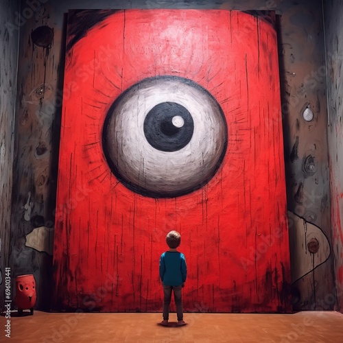 The boy stands in front of a large black nose piece with big eyes, in the style of dima dmitriev, large canvas format, light red and red, craig mccracken, gigantic scale, haunting portraits, photo