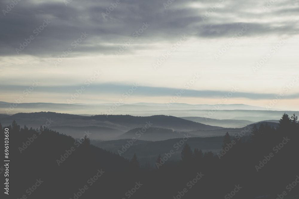 Soft fog in the mountains during sunset