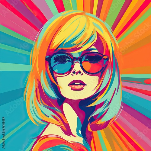 women portrait in tie dye colors, 60's style, flat drawing, pop art, abstract lines, ultra high definition
