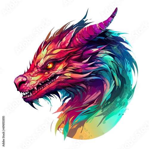 Colorful fantasy dragon head on white background.