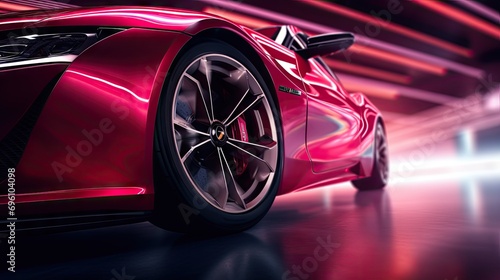 A close up side view of a red sports car's wheels at the red bavkground with lights,copy space.
