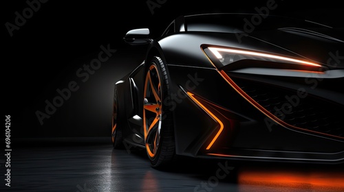 Sports car black color close up view - wheels and neon headlights close up, copy space.