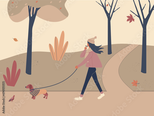 Cute girl walking with dog dachshund in overalls in autumn city park or forest and having coffee. Fall soothing outdoors landscape: trees, leaves, bushes in funky figures style. Vector illustration