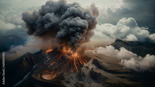 Huge eruption of an active volcano with gigantic explosion, ashes cloud and smoke, magma and lava flow, high angle view from the sky photo