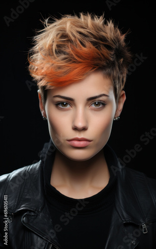 Stylish young woman with a modern orange hairstyle and a black leather jacket, exuding confidence and urban fashion sense. Her edgy look and intense gaze captivate the viewer. Peach Fuzz