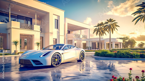 high-end sports car parked in the driveway of a lavish modern villa, surrounded by palm trees under a warm sunset. luxury life style photo