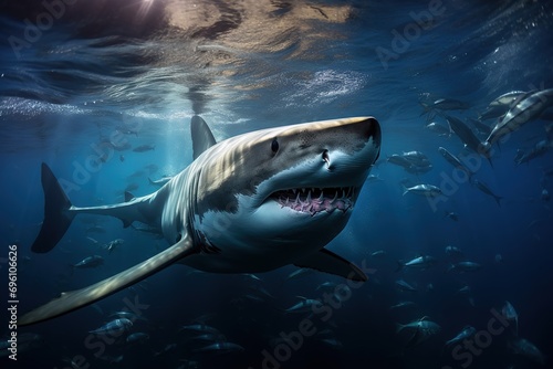 split view of great white shark lurking under boat © Boraryn