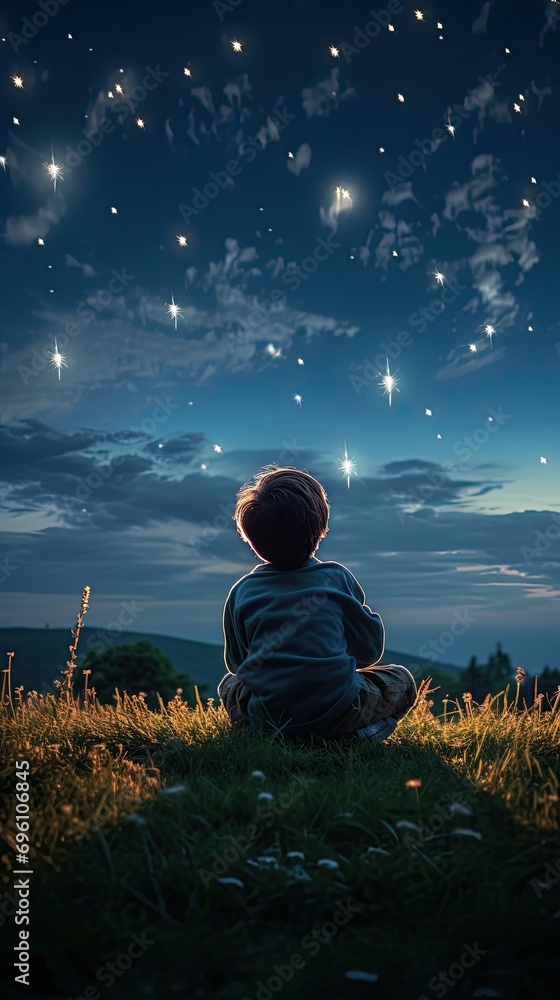 kid is sitting on the grass watching the sky full of stars