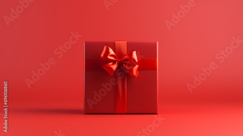 Cadeau rouge sur fond rouge. Espace vide de composition. Ambiance chaleureuse. Saint-Valentin, Noël, anniversaire. Plaisir, offrir. Arrière-plan pour conception et création graphique. © FlyStun