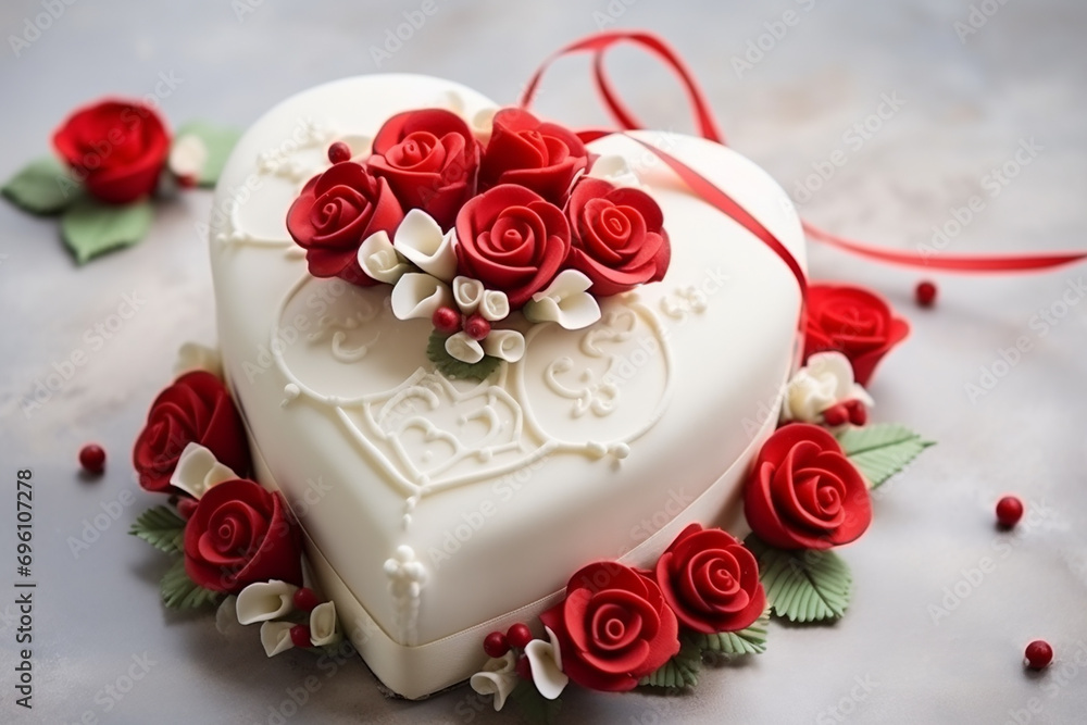 Heartfelt Delight: Marzipan White Cake with Red Hearts, Adorned with a ...