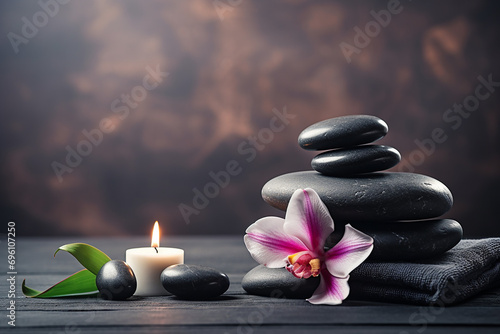 Luxurious Spa Massage Setting with Wellness Decoration: Oil on Stone, White Towel, Red Roses, Wooden Background - Created with Generative AI Tools