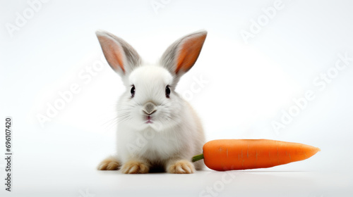 White Rabbit and Carrot on a white background. With copy space. Easter bunny. Suitable for various uses such as pet food advertisements or wildlife humor content.