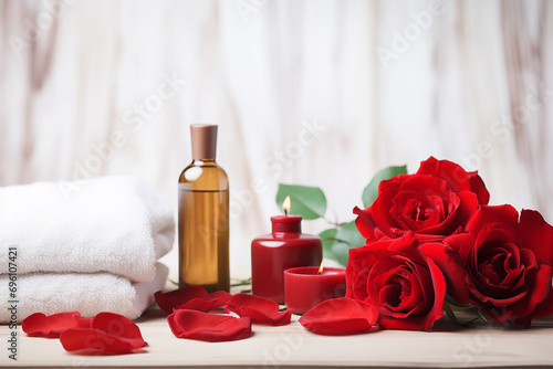 Luxurious Spa Massage Setting with Wellness Decoration: Oil on Stone, White Towel, Red Roses, Wooden Background - Created with Generative AI Tools