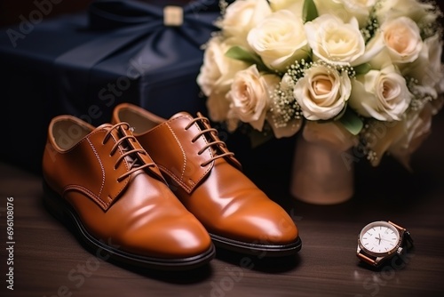 Close-up of the groom's accessories: bow tie, leather shoes, bouquet, watch. Groom's wedding set. Stylish business clothes. Close-up