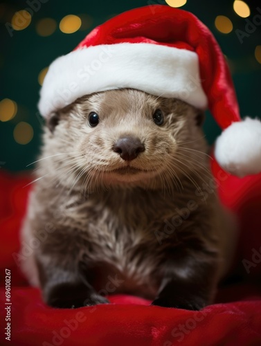 A cute baby sea otter wearing a Santa hat brings holiday cheer. Generative AI. © Natalia