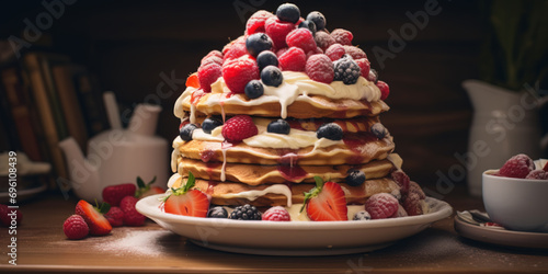 A towering stack of delicious waffles with whipped cream and fruits