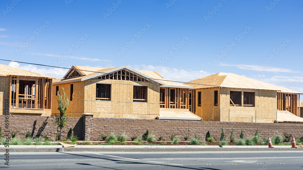 Exterior view of single family homes under construction, San Francisco Bay Area, California