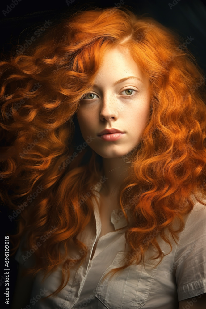 A portrait of a beautiful young woman with incredible red hair, lit by warm, natural light